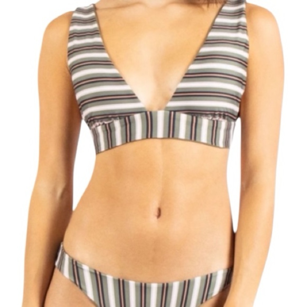 Rusty Reversible Bikini Set Sustainable Olive Stripe Small Longline